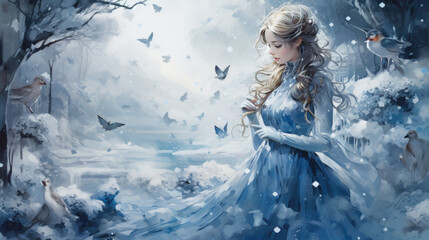 Illustration of an ice princess in a dress in winter - obrazy, fototapety, plakaty