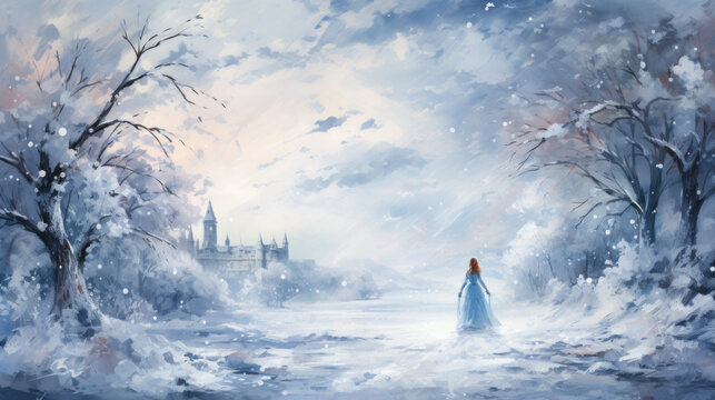 Illustration of an ice princess in a dress in winter