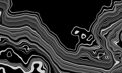 3D black and white mountain contour lines. Abstract terrain.