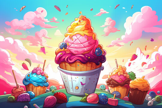 Cupcake Fantasy, Digital Cupcake with colorful candy splashes in the background. Cartoon illustration of cup cakes surrounded by sweets and candies. colorful ice cream Cone for advertising