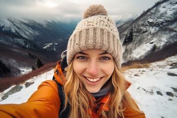 Fototapeta na wymiar Portrait of a young sporty woman in a knitted hat, taking a selfie and having fun on a winter day in the mountains. healthy lifestyle.