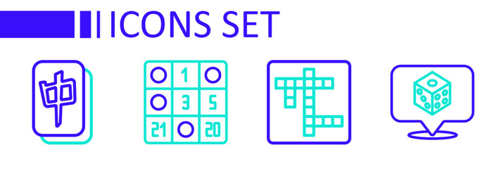 Set line Game dice, Crossword, Bingo card and Mahjong pieces icon. Vector