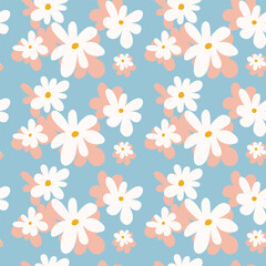 Fototapeta na wymiar 1970 Style Seamless Pattern. Floral Background Design with Daisy Flowers. Seventies Style. Vector Illustraton.