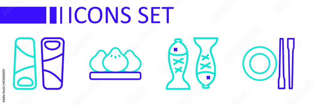 Wall mural Set line Food chopsticks with plate, Served fish on, Dumpling and Guotie icon. Vector