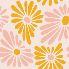 Floral Background Design. 1970 Style Seamless Pattern with Daisy Flowers. Seventies Style. Vector Illustraton.