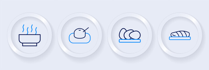 Set line Fish steak, Chicken egg, Mochi and Ramen soup bowl icon. Vector