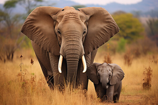 mother and calf elephant with natural background