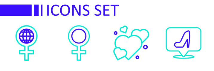 Set line Woman shoe, Heart, Female gender symbol and International Women Day icon. Vector