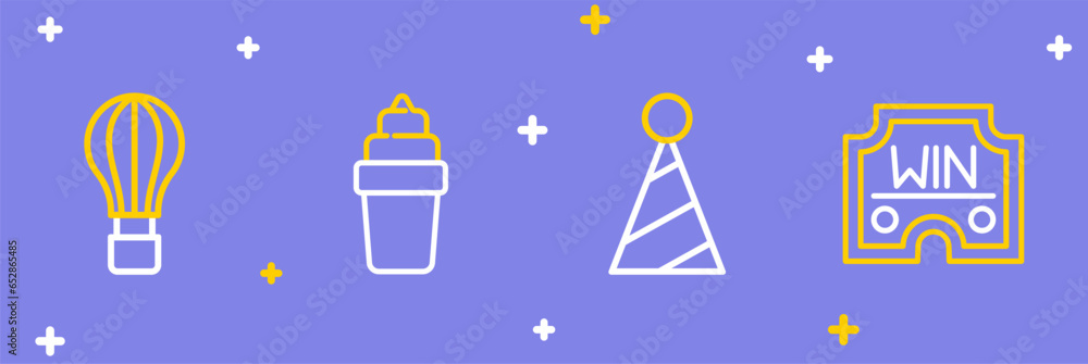 Poster Set line Casino win, Party hat, Ice cream waffle and Hot air balloon icon. Vector