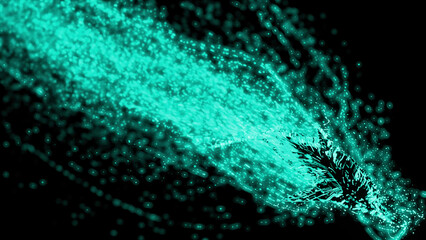 Black background with green glitter. Design. Multi-colored glitter made in 3d animation on a dark background.