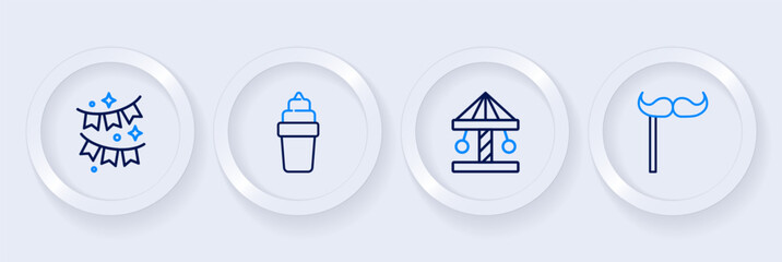 Set line Paper mustache on stick, Attraction carousel, Ice cream in waffle and Carnival garland with flags icon. Vector