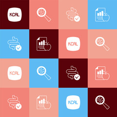 Set pop art Kcal, GMO, Intestines and Diet plan icon. Vector