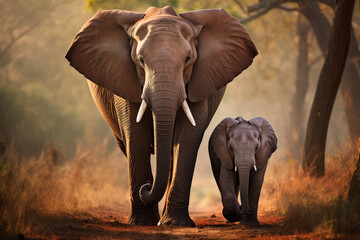 Fototapeta na wymiar mother and calf elephant with natural background