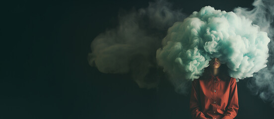 Woman with head in cloud, depression, trauma, loneliness and mental health, brain fog by dementia, social issue and shyness - obrazy, fototapety, plakaty
