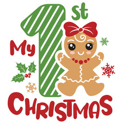 My first Christmas vector illustration with cute girl ginger men. Kids Christmas design isolated good for Xmas greetings cards, poster, print, sticker, invitations, baby t-shirt, mug, gifts.
