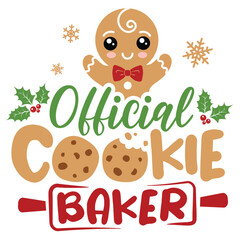 Official cookie baker vector illustration with cute boy ginger men. Kids Christmas design isolated good for Xmas greetings cards, poster, print, sticker, invitations, baby t-shirt, mug, gifts.