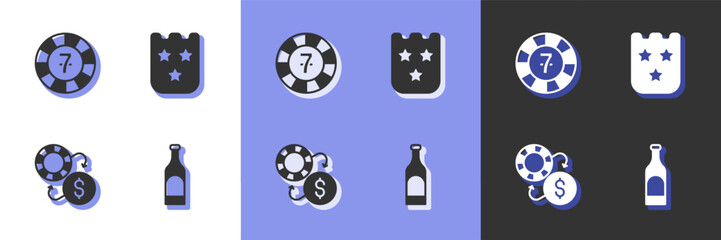 Set Bottle of wine, Casino chips, exchange and Lottery ticket icon. Vector