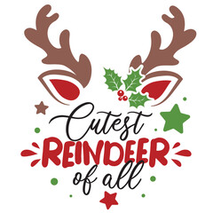 Cutest reindeer of all vector illustration with cute deer face. Kids Christmas design isolated good for Xmas greetings cards, poster, print, sticker, invitations, baby t-shirt, mug, gifts.