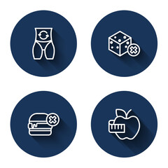 Set line Metabolism, No sugar free, burger and Apple and measuring tape with long shadow. Blue circle button. Vector