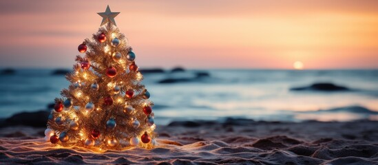 Beachside Australian Christmas tree adorned with fairy lights blurred background perfect for messaging - obrazy, fototapety, plakaty