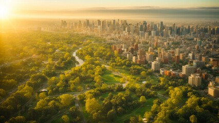 ariel view of a green city, bird eye view, golden hour sunlight with sky, landscape background - obrazy, fototapety, plakaty