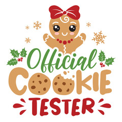 Official cookie tester vector illustration with cute girl ginger men. Kids Christmas design isolated good for Xmas greetings cards, poster, print, sticker, invitations, baby t-shirt, mug, gifts.