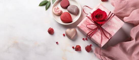 Eco friendly Valentine s Day concept Furoshiki gift wrapping homemade sweets candle on white marble background