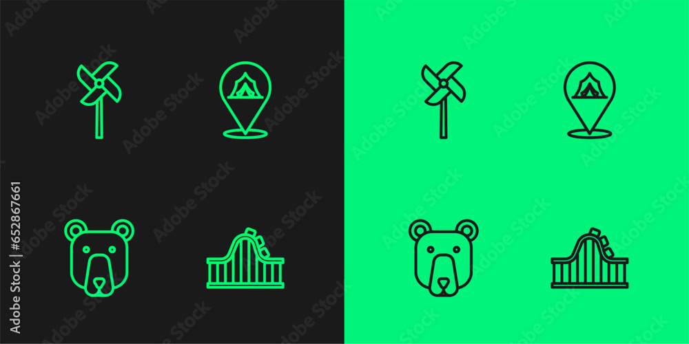 Poster Set line Roller coaster, Bear head, Pinwheel toy and Circus tent icon. Vector