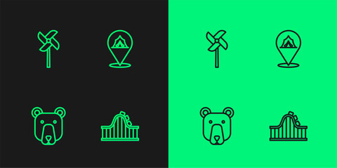 Set line Roller coaster, Bear head, Pinwheel toy and Circus tent icon. Vector