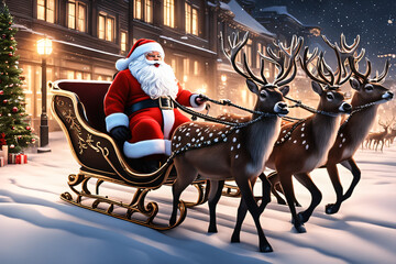 Santa Claus racing on a sleigh with reindeer. Generative AI 