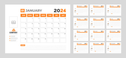 2024 Calendar Desktop Planner Template. Corporate business wall or desk simple Planner calendar with week start Sunday.  Set of 2024 Calendar Planner Template with Place for Photo and Company Logo.