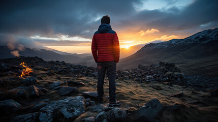 Back view of a man looking at the sky in the evening