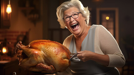 An elderly woman cooks a turkey in her kitchen in honor of a Thanksgiving feast
