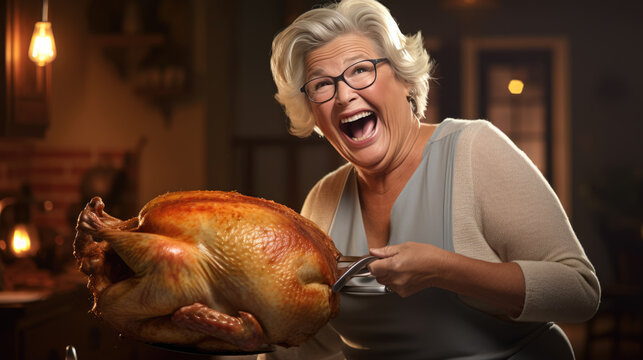 An Elderly Woman Cooks A Turkey In Her Kitchen In Honor Of A Thanksgiving Feast