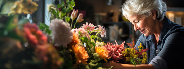 Mature woman working in a flower store - obrazy, fototapety, plakaty