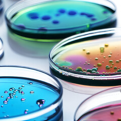 Close-Up, Colorful Drops in Petri Dishes in Science Medical Lab for Mold Fungi Explosion, Bacteria, Tissue and Blood Samples, Culture Type Testing, Coronavirus Serum Research, Pharmaceutical Research