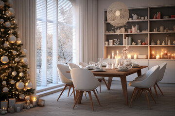 Christmas interior of a modern apartment or house. The living room is decorated for the celebration of Christmas and New Year. Christmas tree, set table, candles. 