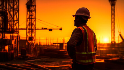 A silhouette of man in the twilight hours of a construction site. Generative AI