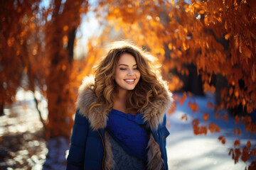 Happy beautiful plus size model in warm winter clothes outdoors, portrait of a cute chubby woman on a background of yellow leaves in the park