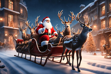 Santa Claus racing on a sleigh with reindeer. Generative AI  - 652871419