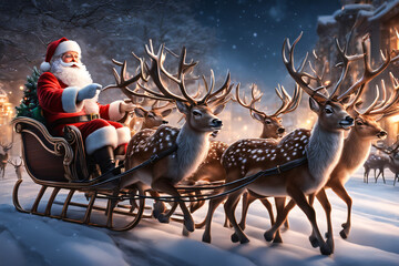 Santa Claus racing on a sleigh with reindeer. Generative AI  - 652871428
