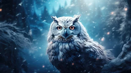 Foto auf Glas beautiful owl with yellow eyes in winter © jr-art