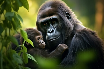 Obraz premium gorilla mother and child with natural background