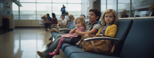 Fototapeta na wymiar Portrait of a group of young children sitting in an airport waiting area