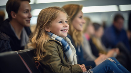Portrait of a group of young children sitting in an airport waiting area - obrazy, fototapety, plakaty