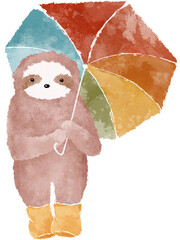 Cute baby sloth with colorful umbrella hand drawn illustration. Fall season art. Rainy days watercolor drawing - 652873071
