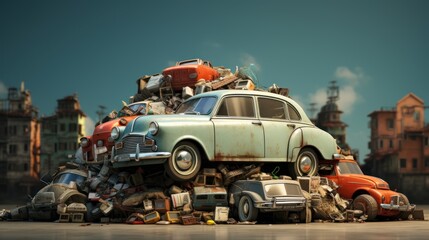 Collect cars and wait for the disposal of junk cars and other things that have piled up in piles. - obrazy, fototapety, plakaty