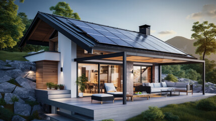a modern house with solar panels on the roof - obrazy, fototapety, plakaty