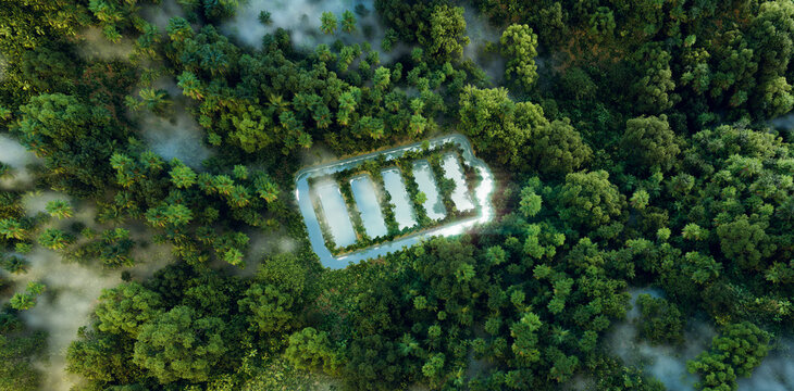 Concept of advancing eco-friendly battery tech and sustainable energy storage visualized as a battery-like pond within a dense rainforest. 3d rendering.