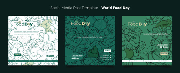 Social media post template with hand drawn of fruit background for world food day campaign design